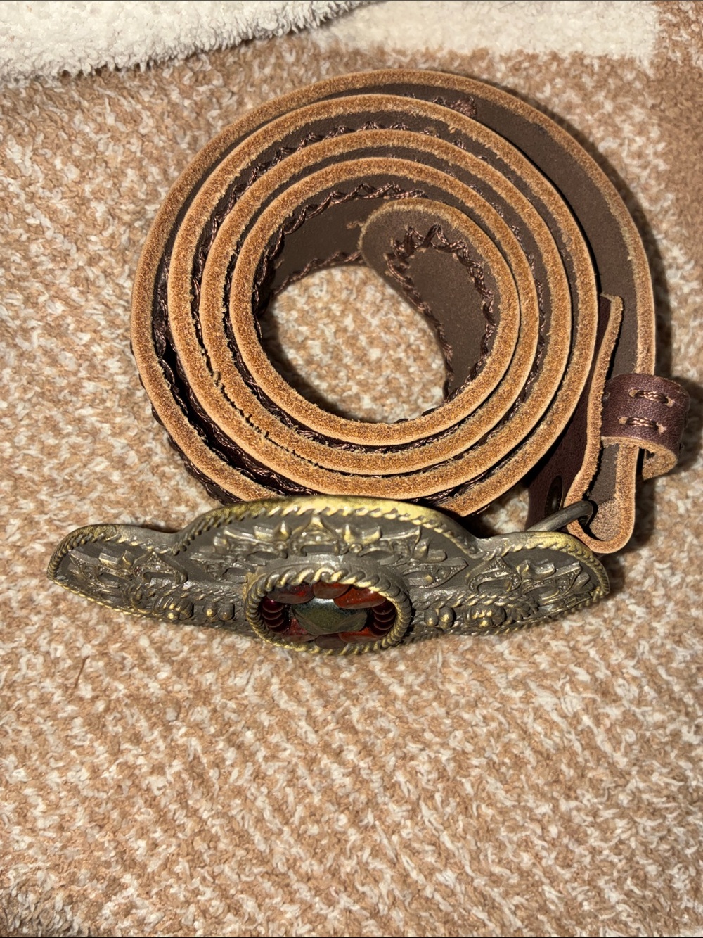 CAbi Brown Leather Belt with Ornate Brass-Tone Floral Buckle and Red Accents - Picture 6 of 8